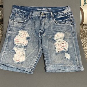 Carbon Blue US Flag Jean Shorts with Distressed Details